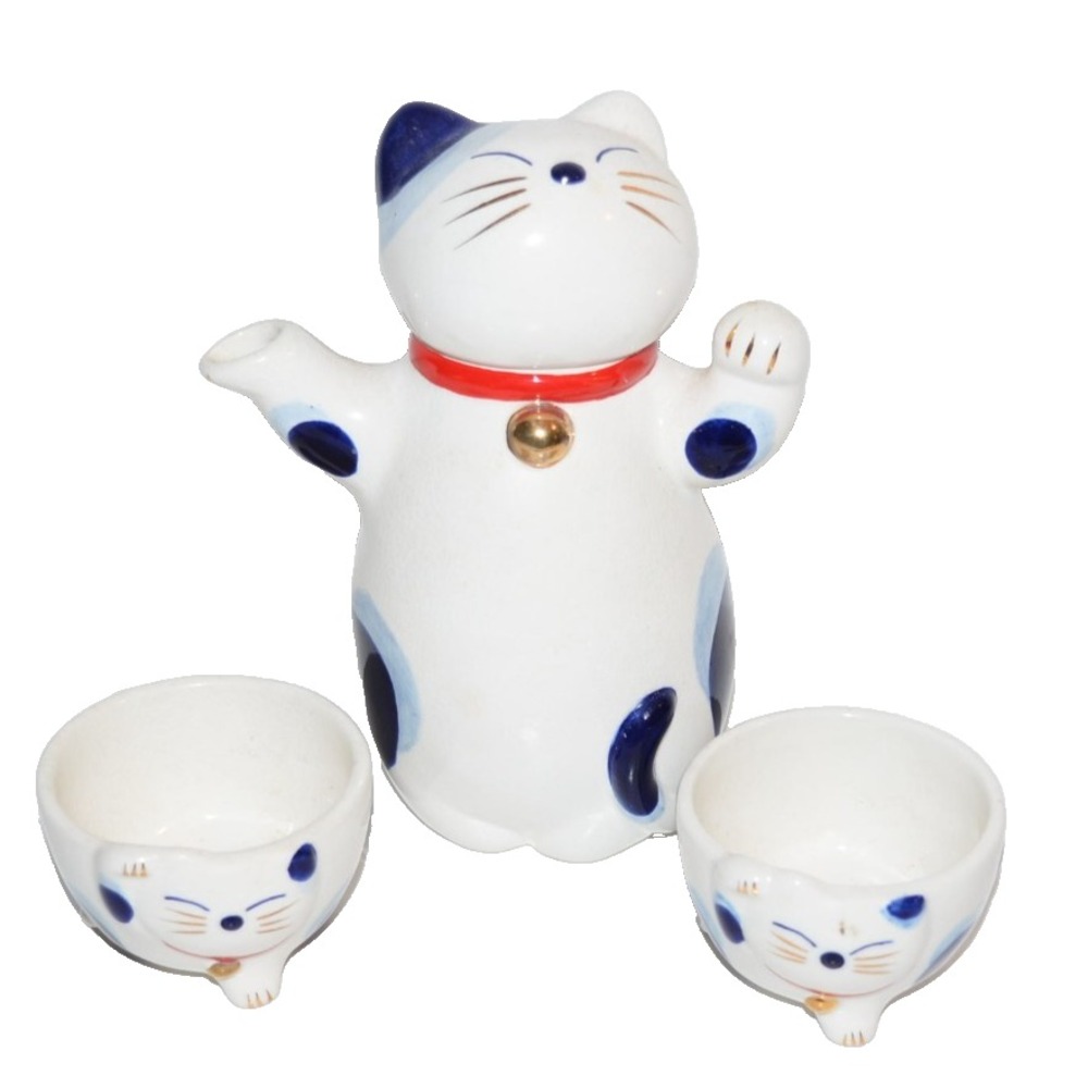Vtg Tea Set Maneki Neko Cat Teapot with 2 Cups Japanese Lucky Cat